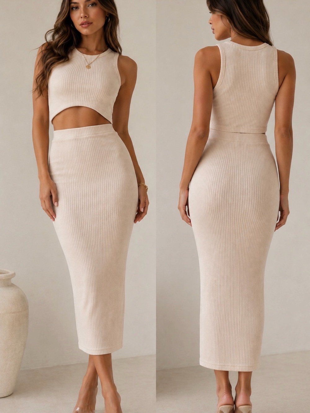 Beige Ribbed Cutout Midi Skirt Set